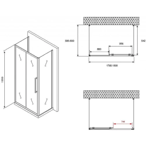 Душевой уголок Abber Schwarzer Diamant 180x60 AG30180BH-S60B-S60B профиль Черный стекло прозрачное