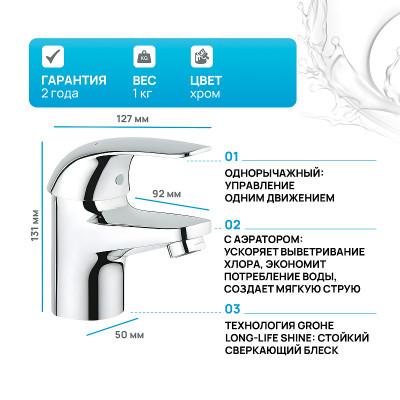 Смеситель для раковины Grohe Euroeco New 32734000 Хром латунь