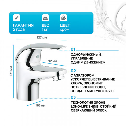 Смеситель для раковины Grohe Euroeco New 32734000 Хром латунь
