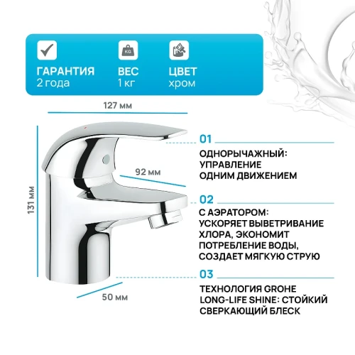 Смеситель для раковины Grohe Euroeco New 32734000 Хром латунь