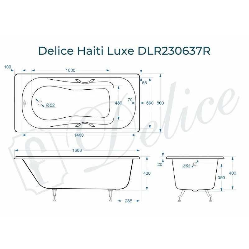 Чугунная ванна Delice Haiti Luxe 160x80 DLR230637R с отверстиями под ручки без антискользящего покрытия