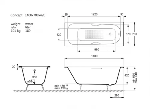 Чугунная ванна Vinsent Veron Concept 140x70 VCO1407042H/VH0015BL-AS цвет Белый с дугообразными черными матовыми ручками и антискользящим покрытием