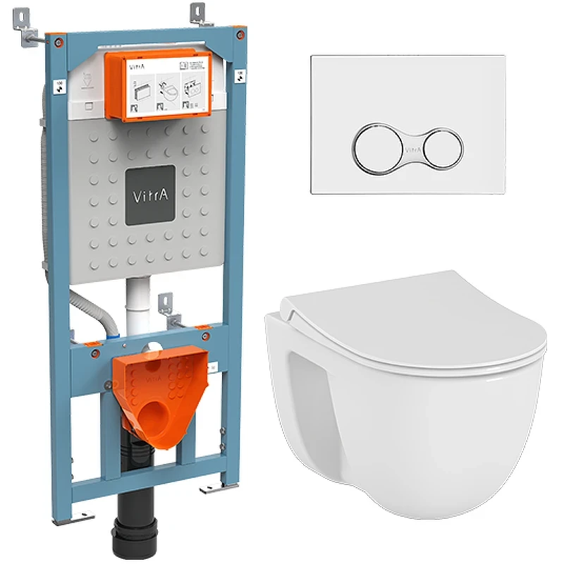 Комплект унитаза с инсталляцией Vitra S 40 9860B003-7200 с сиденьем Микролифт и клавишей смыва Хром глянцевый фарфор подвесной
