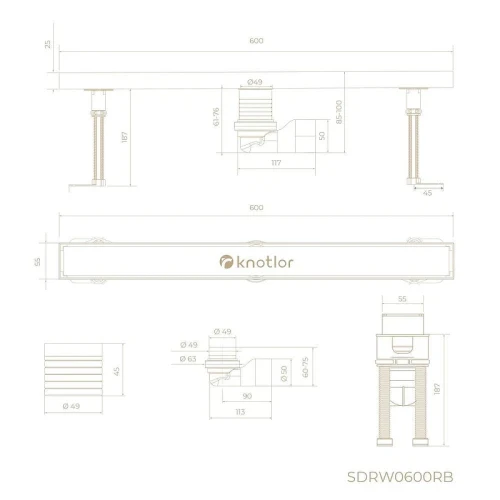 Душевой лоток Knotlor Земля 60 SDRW0600RB с решеткой цвет Бронза