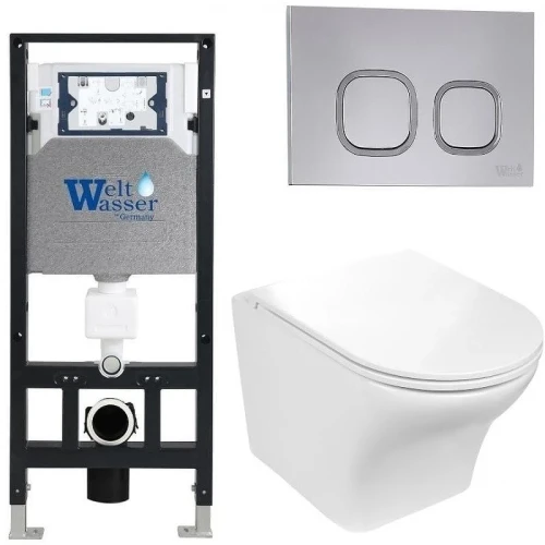 Комплект унитаза с инсталляцией WeltWasser AMBERG 506 + ODENBACH 004 GL-WT + AMBERG RD-CR 10000006828 цвет Белый глянцевый с сиденьем Микролифт и клавишей смыва цвет Хром