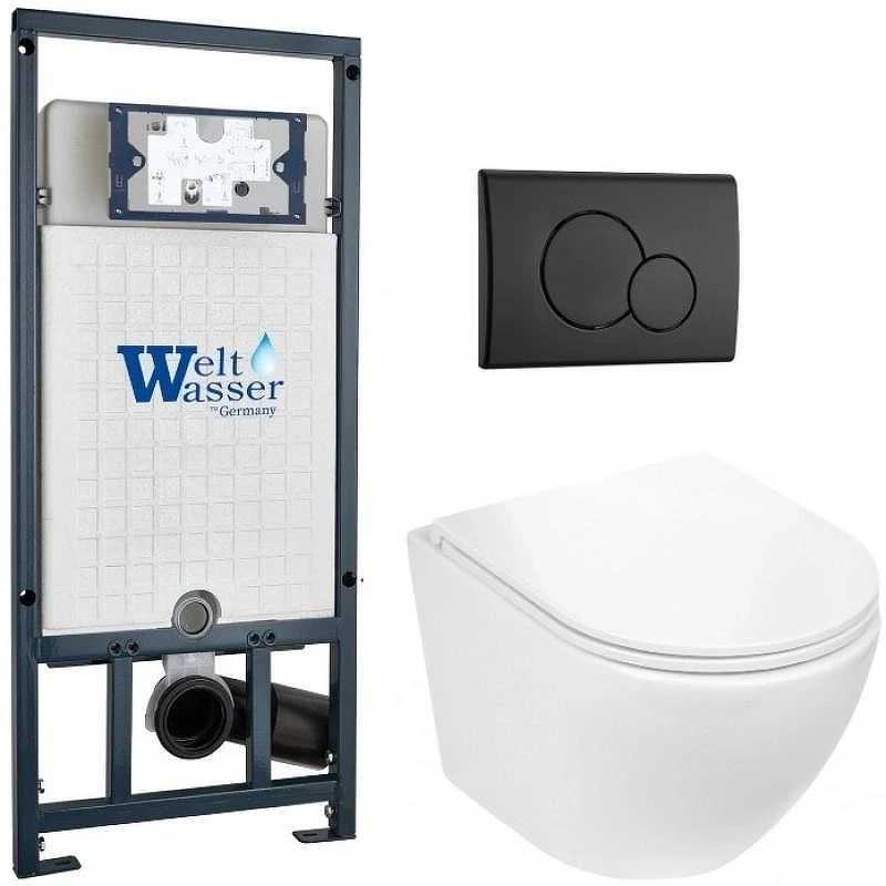 Комплект унитаза с инсталляцией WeltWasser MARBERG 507 + MERZBACH 043 GL-WT + MAR 507 RD MT-BL 10000011316 цвет Белый глянцевый с сиденьем Микролифт и клавишей смыва цвет Черный матовый