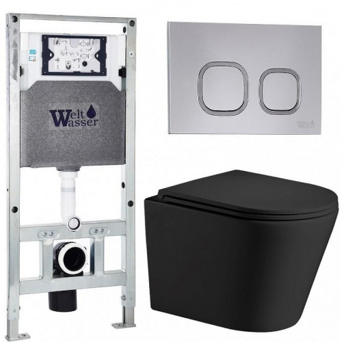 Комплект унитаза с инсталляцией WeltWasser AMBERG 506 ST + SALZBACH 043 MT-BL + AMBERG RD-CR 10000011543 цвет Черный матовый с сиденьем Микролифт и клавишей смыва цвет Хром