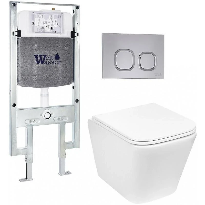 Комплект унитаза с инсталляцией WeltWasser AMBERG 497 ST + GELBACH 043 GL-WT + AMBERG RD-CR 10000011857 цвет Белый глянцевый с сиденьем Микролифт и клавишей смыва цвет Хром
