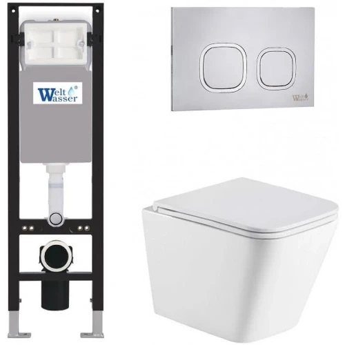 Комплект унитаза с инсталляцией WeltWasser AMBERG 350 + GELBACH 043 GL-WT + AMBERG RD-MT CR 10000012316 цвет Белый глянцевый с сиденьем Микролифт и клавишей смыва цвет Хром матовый