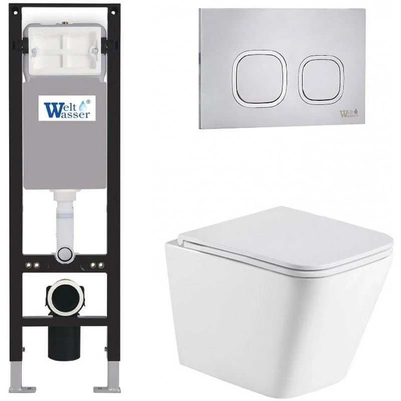 Комплект унитаза с инсталляцией WeltWasser AMBERG 350 + GELBACH 043 GL-WT + AMBERG RD-MT CR 10000012316 цвет Белый глянцевый с сиденьем Микролифт и клавишей смыва цвет Хром матовый