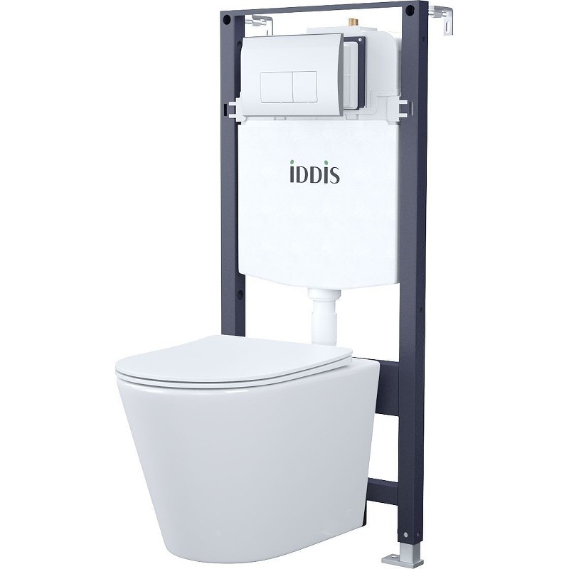 Комплект унитаза с инсталляцией Iddis Basic BASC010i73 с сиденьем Микролифт и клавишей смыва Хром фарфор подвесной