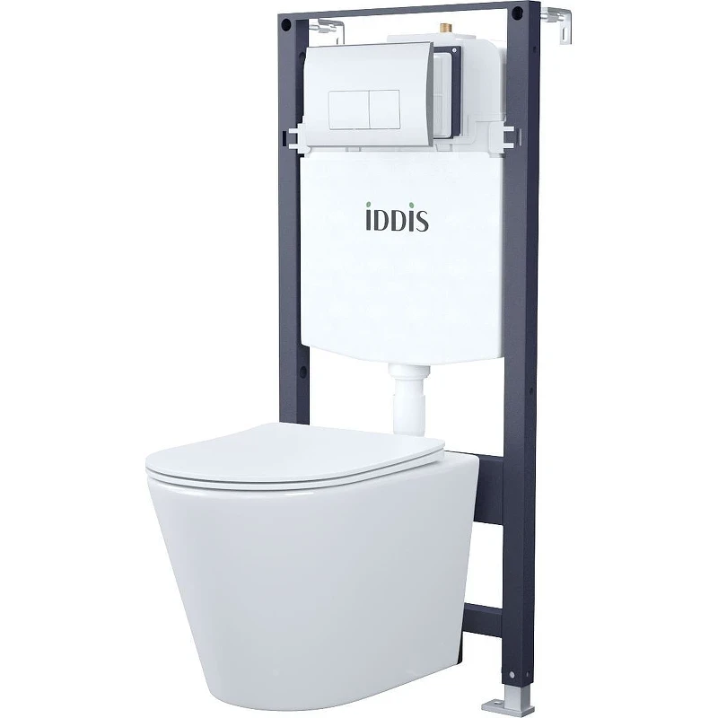 Комплект унитаза с инсталляцией Iddis Basic BASC010i73 с сиденьем Микролифт и клавишей смыва Хром фарфор подвесной