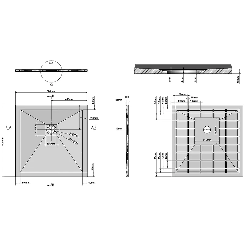 Душевой поддон из искусственного камня Grossman Strong 90x90 GR-S29090Q Графит