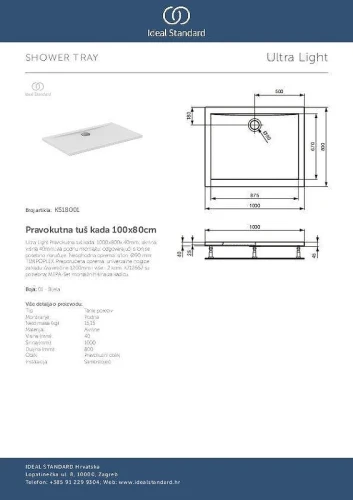 Акриловый поддон для душа Ideal Standard Ultraflat 100X80 K518001 цвет Euro White / Евробелый