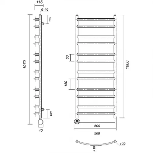 Электрический полотенцесушитель Domoterm Калипсо П12 500x1000 EL Хром нержавеющая сталь