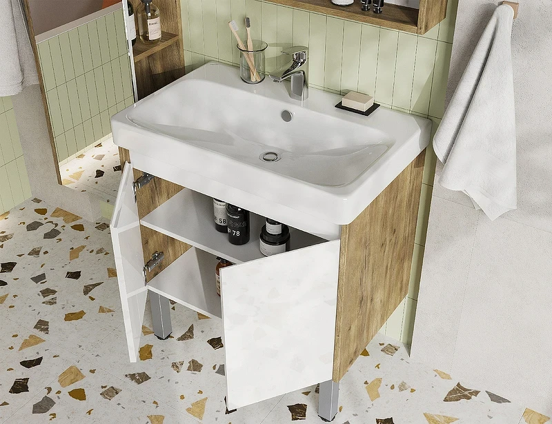 Тумба под раковину Aquaton Сканди Doors 70 1A278901SDZ90 Белый глянец Дуб рустикальный МДФ / ЛДСП