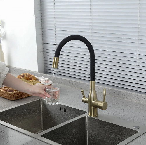 Смеситель для кухни Frap H69 F4396-3 Сатин золотой Черный латунь