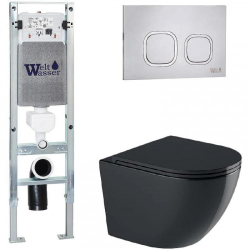 Комплект унитаза с инсталляцией WeltWasser AMBERG 350 ST + MERZBACH 041 XL MT-BL + AMBERG RD-MT CR 10000010930 цвет Черный матовый с сиденьем Микролифт и клавишей смыва цвет Хром матовый