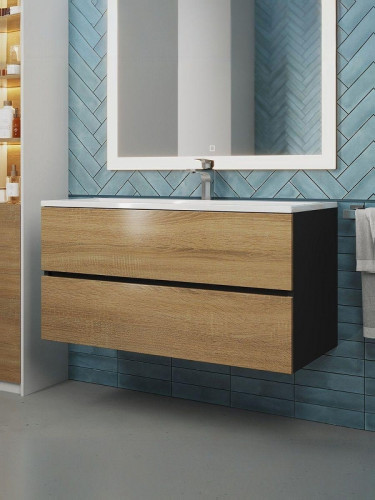 Тумба под раковину Uperwood Barsa 100 293020540 подвесная цвет Черный матовый Дуб сонома