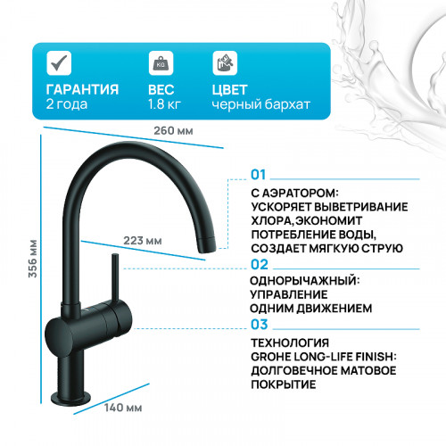 Смеситель для кухни Grohe Minta 32917KS0 Черный бархат латунь