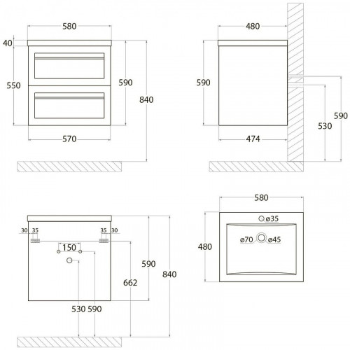 Тумба под раковину Art&amp;Max AM-Platino-580-2C-SO-NM подвесная Черная матовая МДФ / ЛДСП