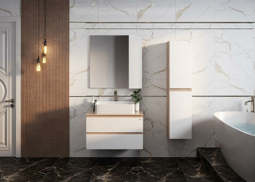 Зеркало со шкафом Onika Алеста 80.00 R 208095 Камень светлый Белое МДФ / ЛДСП, стекло