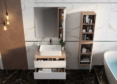 Зеркало со шкафом Onika Алеста 80.00 R 208095 Камень светлый Белое МДФ / ЛДСП, стекло