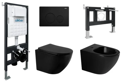 Комплект унитаза Abber Bequem AC1100MB-AC0105-AC0121MB-AC1150MB-AC0101P с сиденьем Микролифт и клавишей смыва цвет Черная матовая