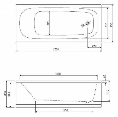 Акриловая ванна Cezares Eco 170х75 ECO-170-75-41-W37 без гидромассажа, с ножками LEG-KIT-100
