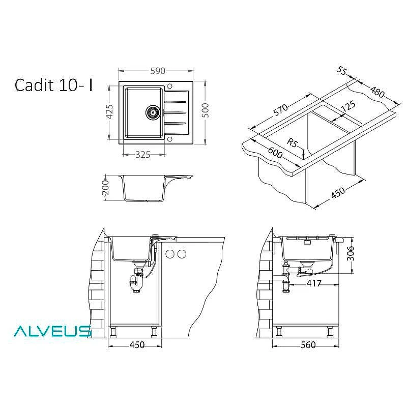 Кухонная мойка Alveus Granital Cadit 10 Terra G22 590x500 1132018 Песчаная искусственный камень (литьевой мрамор) встраиваемый