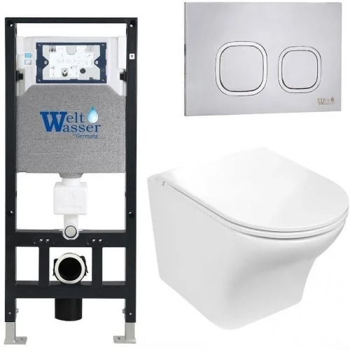 Комплект унитаза с инсталляцией WeltWasser AMBERG 506 + ODENBACH 004 GL-WT + AMBERG RD-MT CR 10000006829 цвет Белый глянцевый с сиденьем Микролифт и клавишей смыва цвет Хром матовый