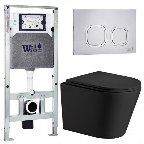 Комплект унитаза с инсталляцией WeltWasser AMBERG 506 ST + SALZBACH 043 MT-BL + AMBERG RD-MT CR 10000011544 цвет Черный матовый с сиденьем Микролифт и клавишей смыва цвет Хром матовый