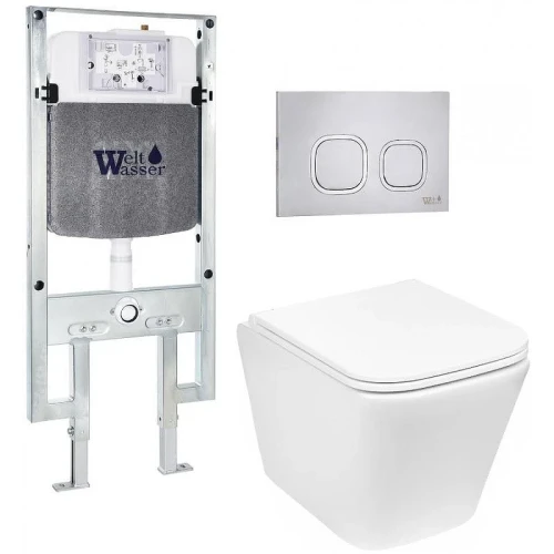 Комплект унитаза с инсталляцией WeltWasser AMBERG 497 ST + GELBACH 043 GL-WT + AMBERG RD-MT CR 10000011858 цвет Белый глянцевый с сиденьем Микролифт и клавишей смыва цвет Хром матовый