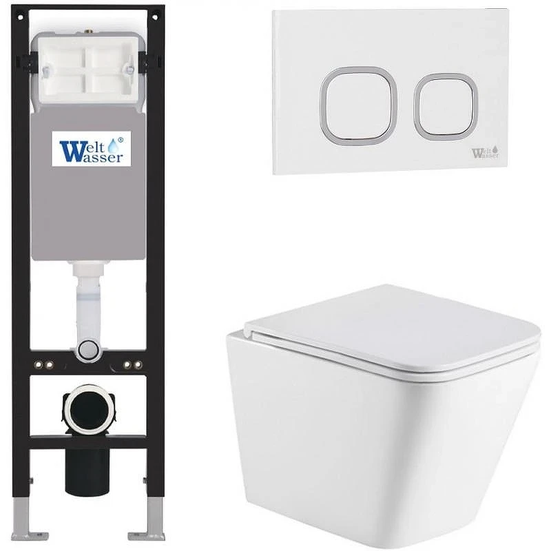 Комплект унитаза с инсталляцией WeltWasser AMBERG 350 + GELBACH 043 GL-WT + AMBERG RD-WT 10000012317 цвет Белый глянцевый с сиденьем Микролифт и клавишей смыва цвет Белый