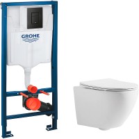 Комплект унитаза CeramaLux 2197 с инсталляцией Grohe Rapid SL 38811KF0 с сиденьем Микролифт и Черной матовой клавишей смыва фаянс подвесной
