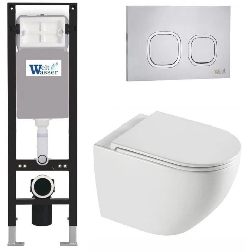 Комплект унитаза с инсталляцией WeltWasser AMBERG 350 + MERZBACH 043 XL GL-WT + AMBERG RD-MT CR 10000013758 цвет Белый глянцевый с сиденьем Микролифт и клавишей смыва цвет Хром матовый