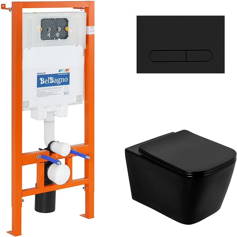 Комплект унитаза с инсталляцией BelBagno Ardente-C BB3202CHR-MB/BB3202SC-MB/BB002-80/BB007-PR-NERO.M с сиденьем Микролифт и Черной матовой клавишей смыва фаянс подвесной