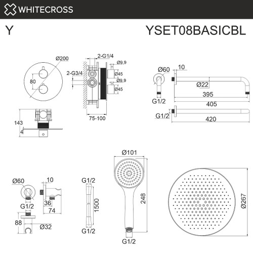 Душевая система Whitecross Y black YSET08BASICBL с термостатом цвет Черный матовый