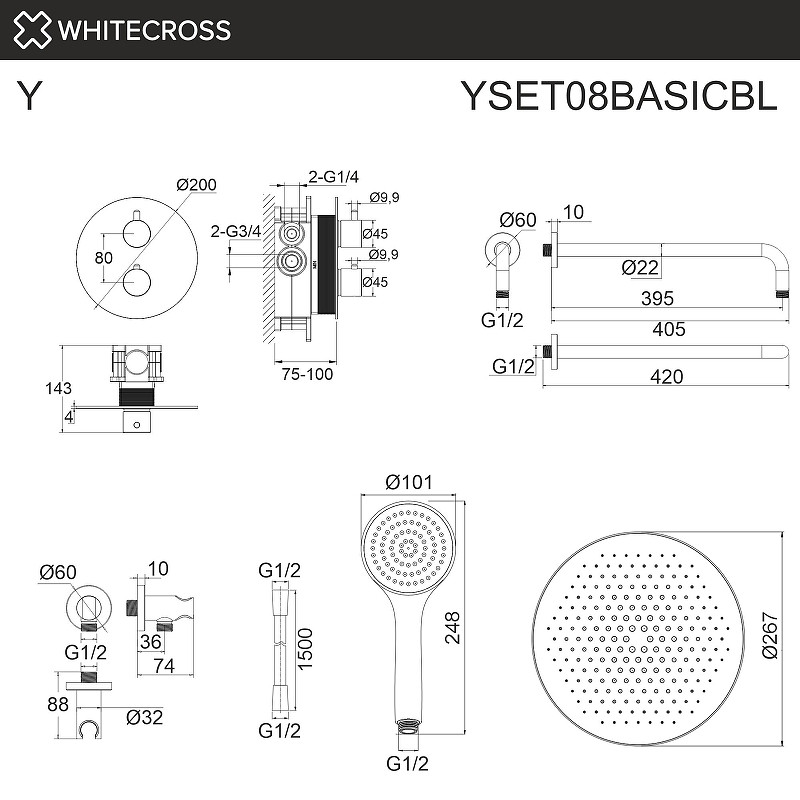 Душевая система Whitecross Y black YSET08BASICBL с термостатом цвет Черный матовый