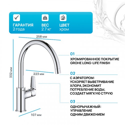 Смеситель для кухни Grohe BauEdge 31367001 Хром латунь