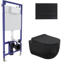 Комплект унитаза Berges Ventas Black с инсталляцией Novum 043324 Черный с сиденьем Микролифт и Черной Soft touch клавишей смыва фарфор подвесной