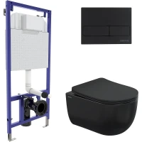 Комплект унитаза Berges Ventas Black с инсталляцией Novum 043324 Черный с сиденьем Микролифт и Черной Soft touch клавишей смыва фарфор подвесной