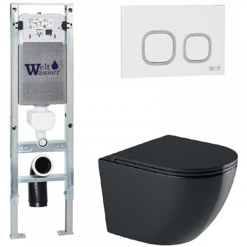 Комплект унитаза с инсталляцией WeltWasser AMBERG 350 ST + MERZBACH 041 XL MT-BL + AMBERG RD-WT 10000010931 цвет Черный матовый с сиденьем Микролифт и клавишей смыва цвет Белый
