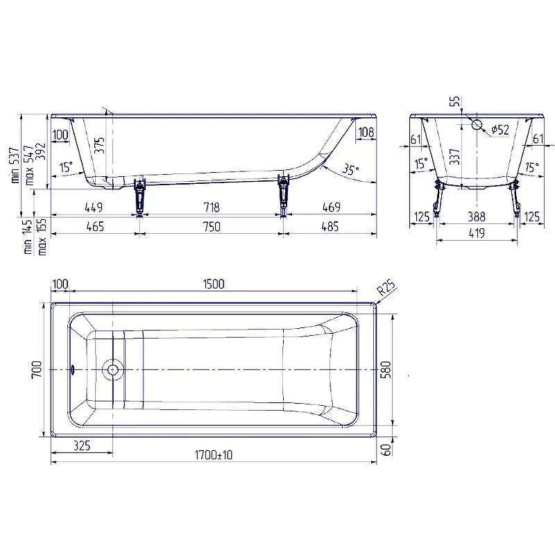 Чугунная ванна Creto Strong 170x70 25-1170 без антискользящего покрытия