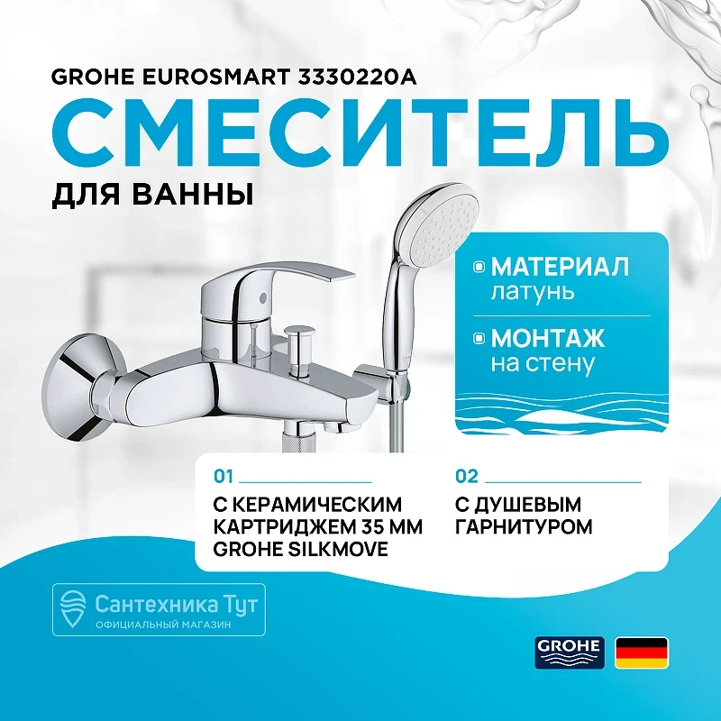 Смеситель для ванны Grohe Eurosmart 3330220A Хром латунь на стену