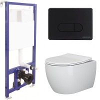 Комплект унитаза Ceramicanova Play CN3001 с инсталляцией Berges Novum D5 040235 с сиденьем Микролифт и Черной матовой клавишей смыва фаянс подвесной