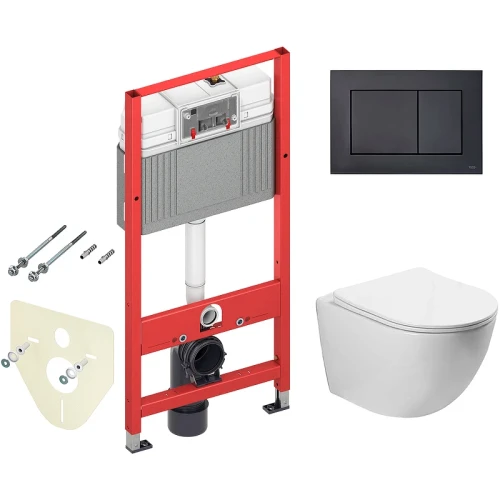 Комплект унитаза Vincea Globo VT1-14S с инсталляцией Tece Now 9400414 с сиденьем Микролифт и Черной матовой клавишей смыва фарфор подвесной
