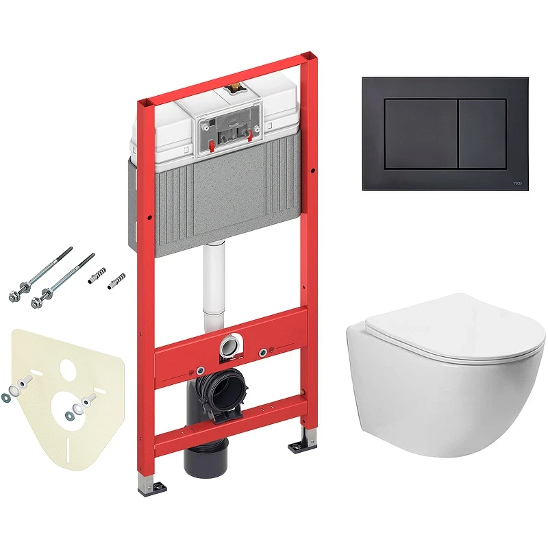 Комплект унитаза Vincea Globo VT1-14S с инсталляцией Tece Now 9400414 с сиденьем Микролифт и Черной матовой клавишей смыва фарфор подвесной