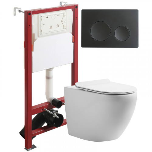 Комплект унитаза с инсталляцией Orange CI07-150W+APB144 с сиденьем Микролифт и Черной матовой клавишей смыва фарфор подвесной