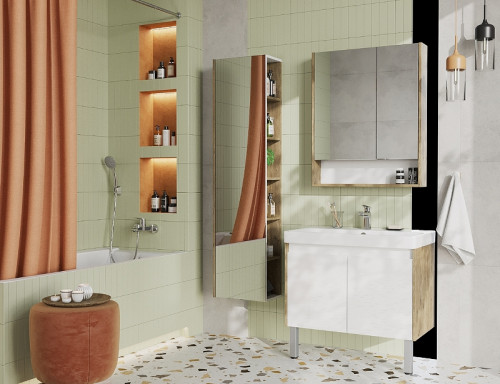 Тумба под раковину Aquaton Сканди Doors 80 1A282901SDZ90 Белый глянец Дуб рустикальный МДФ / ЛДСП